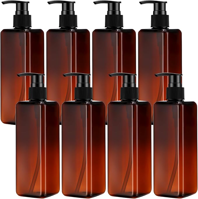 Didaey 8 Pcs Amber Plastic Bottles with Pump 16 oz Refillable Shampoo Dispenser Empty Body Wash Soap Conditioner Lotion Bottles for Bathroom, Kitchen Sink, Hotel, Salon, Cosmetic by Didaey