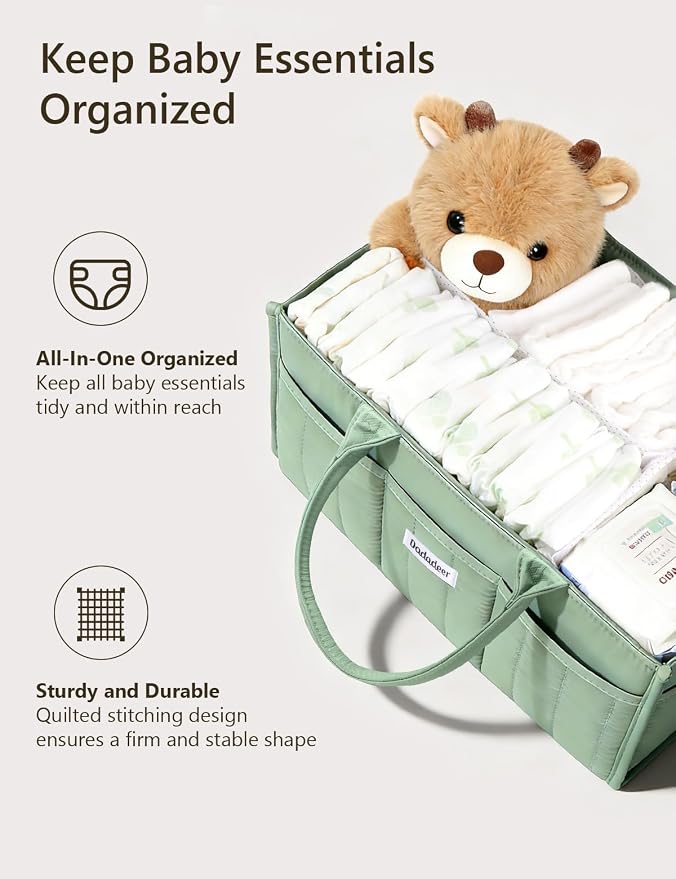 Quilted Diaper Caddy Organizer, Nursery Storage Basket with Dividers | Waterproof Caddy with Sturdy Handles, Portable for Changing Table or Car, Newborn Essentials, Baby Shower Gifts - Image 2