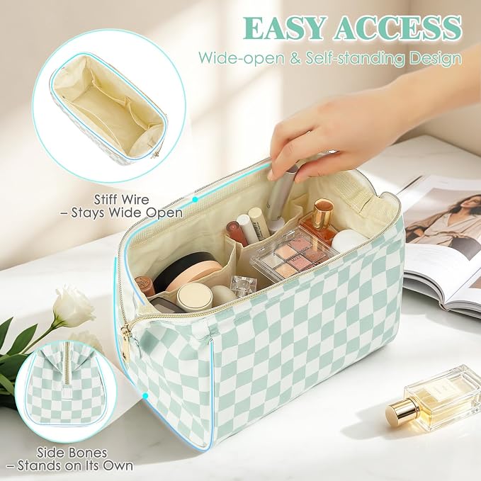 Fammart Travel Makeup Bag for Women, Waterproof Checkered Cosmetic Cosmetic Bag Make Up Organizer Case, Large Wide-open Toiletry Bag for Skincare, Brushes, Bathroom & Travel Essentials - Image 3