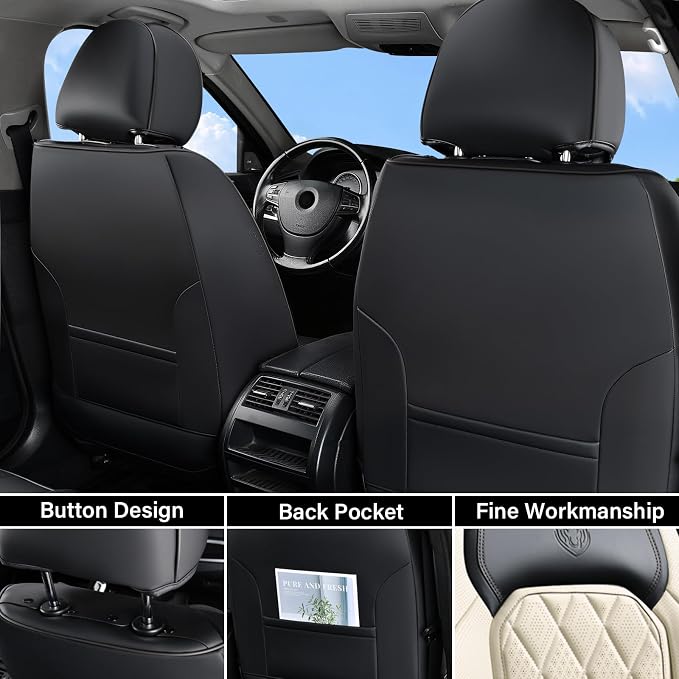 Coverado Car Seat Covers Full Set, Luxury Faux Leather Waterproof Seat Cover, Black and White Car Seat Covers, Car Seat Protector, Automotive Seat Covers Universal Fit for Most Cars, Black&White - Image 2