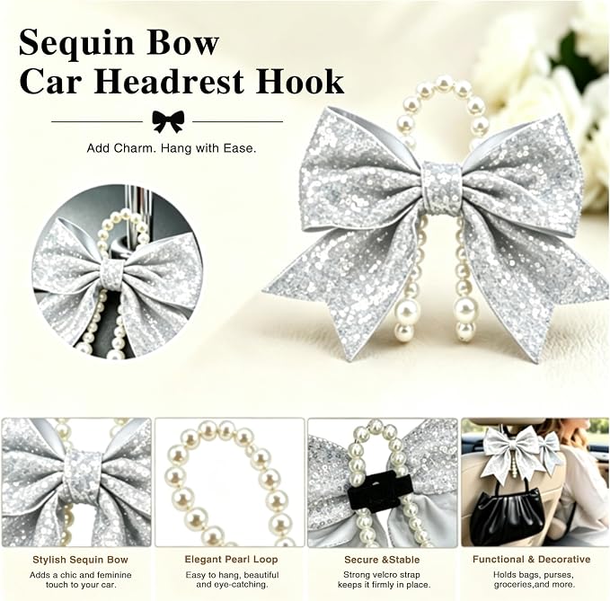 2 Pack Pearl Car Seat Headrest Hook with Bow & Sequin/Leopard/Polka Dot Design – Cute Purse Hanger for Vehicle,Grocery Bags, Umbrellas, Seat Back Organizer for Women (Silver Sequins) - Image 5