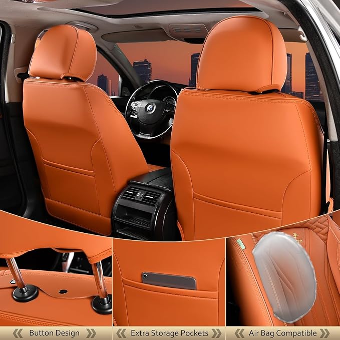 Car Seat Covers Full Set Orange Seat Cover Front Seats and Back Leather Seat Covers for Cars Waterproof Car Seat Cushion Universal Car Seat Protector Fit for Most Cars Trucks SUVs - Image 3