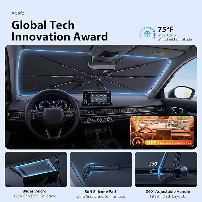 2026 Upgraded Windshield Sun Shade Umbrella for Toyota Tacoma [Precision Custom Fit, Superior UV & Heat Block] Cooling Tech Fabric, Durable Foldable with Storage Bag, Fits 2000-2026 - Image 5