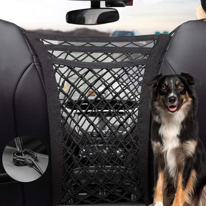 Dog Car Net Barrier 3 Layer 15.7''×13.7'' with Auto Safety Mesh Organizer, Stretchable Storage Bag Backseat Mesh Universal for Cars, SUVs -Easy Install, Safer to Drive with Pets and Children by PRIDEEP