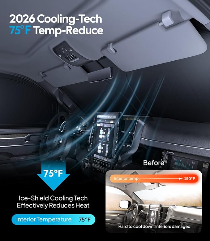 Wigoo 2026 6PC Full Set Window Sunshade for Dodge Ram 1500 2019-2026 | 7-Layer Cooler & Blacker, Ice-Crystal Tech, Full Set Shades With Windshield for Sun Block, Camping Accessories - Image 3