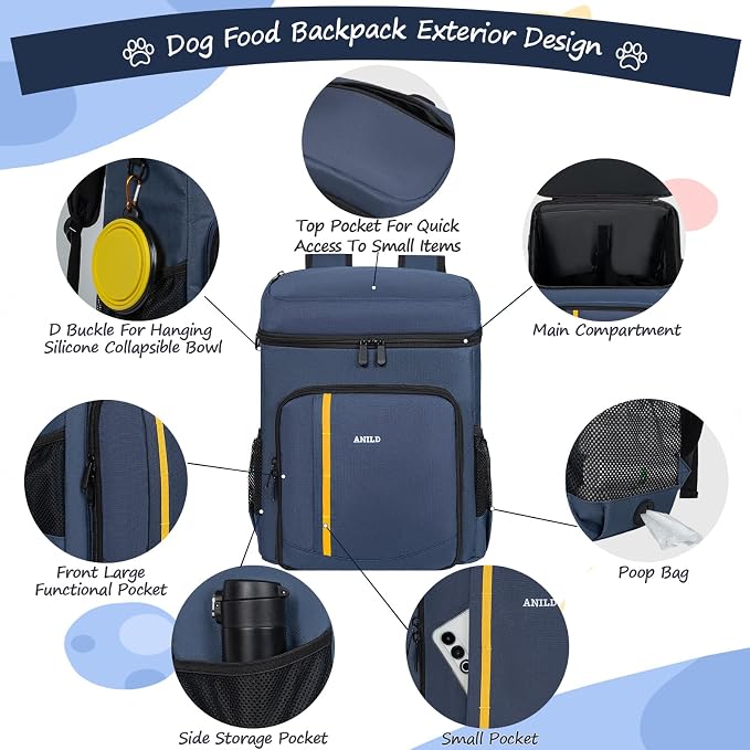 ANILD Dog Travel Bag Backpack, Flight-Ready TSA-Approved Dog Travel Bag with 2 Leak-Proof Food Canisters, 2 Foldable Silicone Bowls, Multi-Compartment Organizer for Hiking, Camping, Dog Mom Essentials - Image 3