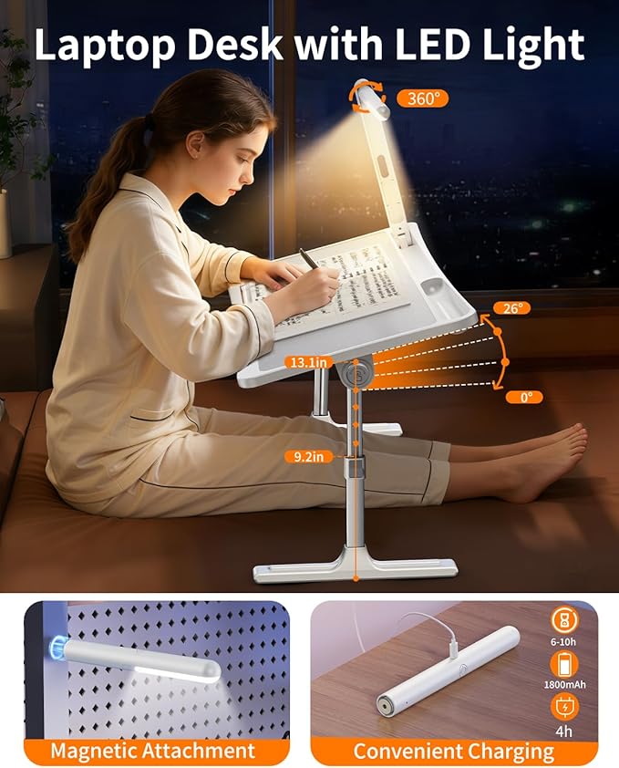 Laptop Desk Bed Table with LED Light,Adjustable Lap Desk Bed Tray,Portable Folding Couch Table Bookstand with Page Clip,Car Rear Seat Sofa Floor Laptop Tray Stand for Adult Kids Reading Writing Eating - Image 3
