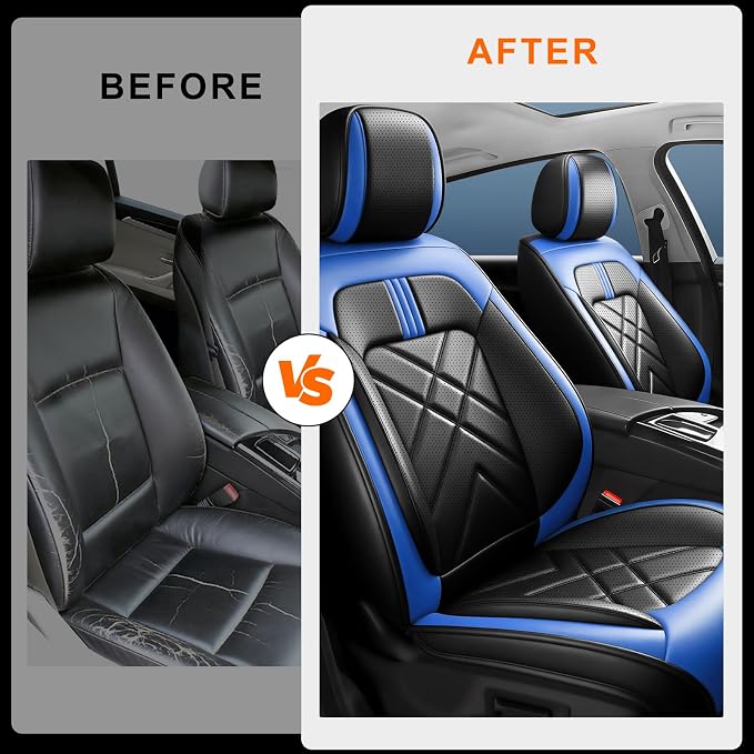 Soul Car Seat Covers Fit for Kia Soul 2010-2026, Premium Full Coverage Leather Automotive Seat Protectors, All Seasons Waterproof Breathable, Airbag Compatible, Front Seats, Black-Blue - Image 4