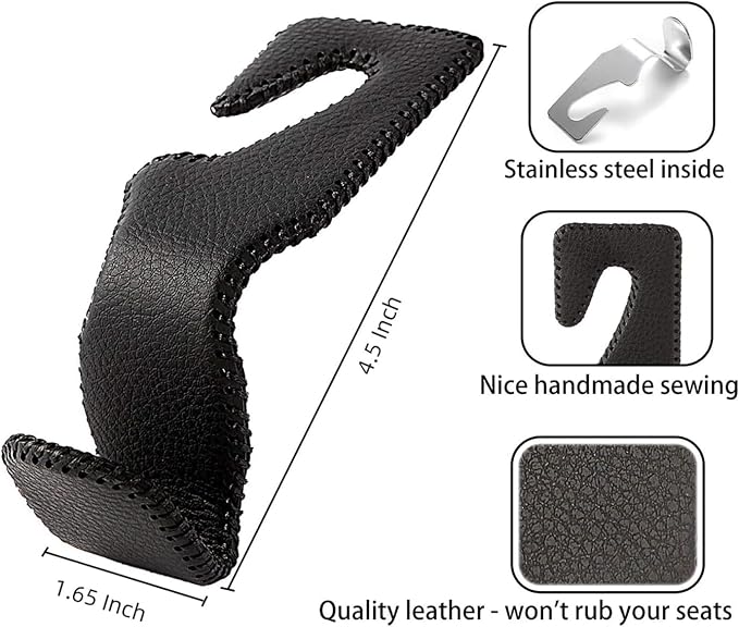 AMVOYOA Headrest Hooks for Car, Back Seat Organizer Black Leather Hanger Holder Hook, for Hanging Purses and Bags and Coats, Pack of 4 - Image 5