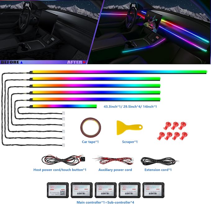 Acrylic Interior Car LED Strip Light with Wireless APP, RGB Dreamcolor 6 in 1 with 175 inches 600 LEDs Fiber Optic Strip Lights for Car, Dynamic Chasing Sound Active Neon Car Ambient Lighting Kits - Image 2