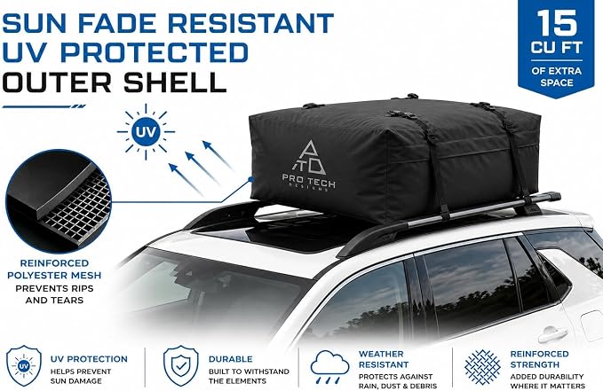 Voyager 15 Waterproof Rooftop Cargo Carrier Bag, 15 Cubic Feet Vehicle Roof Storage with Straps & Door Hooks, Weatherproof Car Top Carrier for SUVs, Vans, RVs & Trucks, 42" x 34" x 18" - Image 9