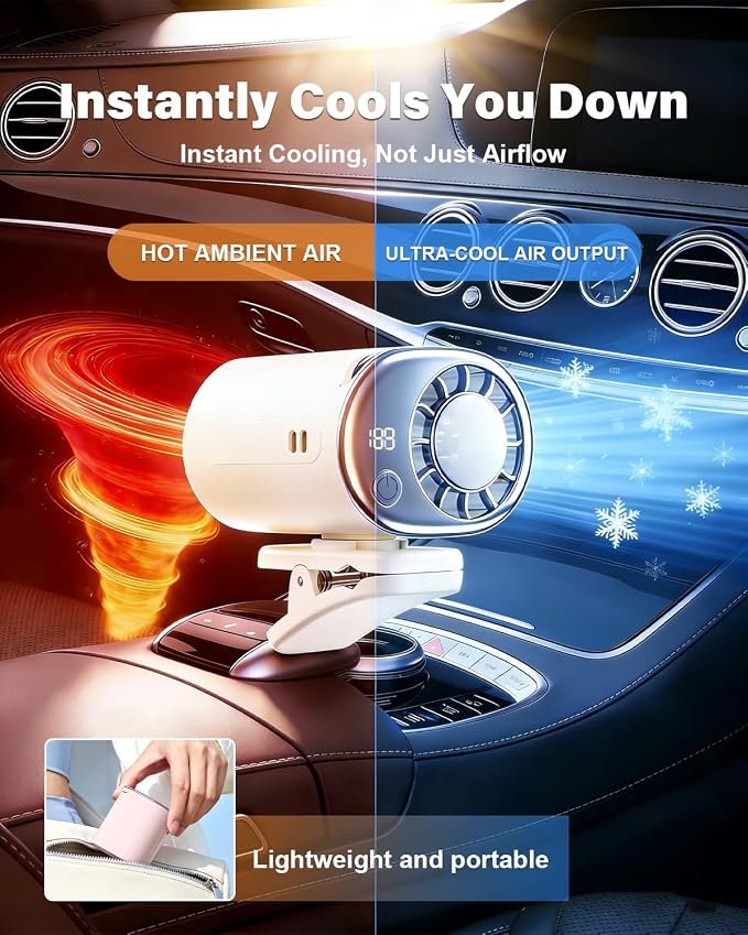 2026 Car Clip on Air Conditioner Fan with LED Display Portable Mini Cooling System 360° Rotation Adjustable 200 Speeds Rechargeable Handheld Gadget 16℃ Semi Wide Clamp for Vehicle Shirt Waist(Gray) - Image 3