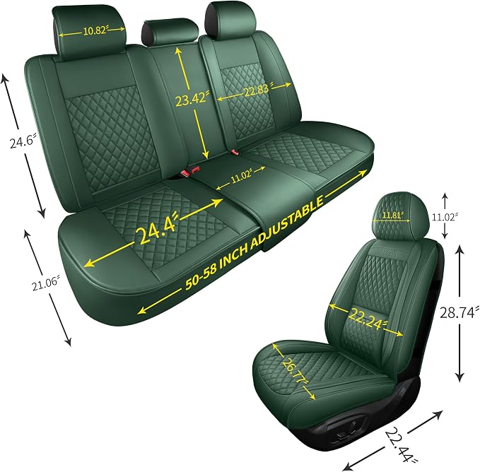 Green Thick Nappa Leather Automotive Front Car Seat Covers Set of 2 | Univerasal Fit,Lumbar Support,3D Contoured,Semi Coverage,Waterproof,ThickTexture,for most Suvs Trucks Sedans - Image 4