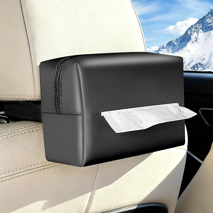 Car Tissue Holder, Car Standard Tissue Holder, Upgraded PU Leather Multi-Functional Car Tissue Box, Keep Car Tidy, for Sun Visor, Backseat, Armrest, Center Console (Black) - Image 2