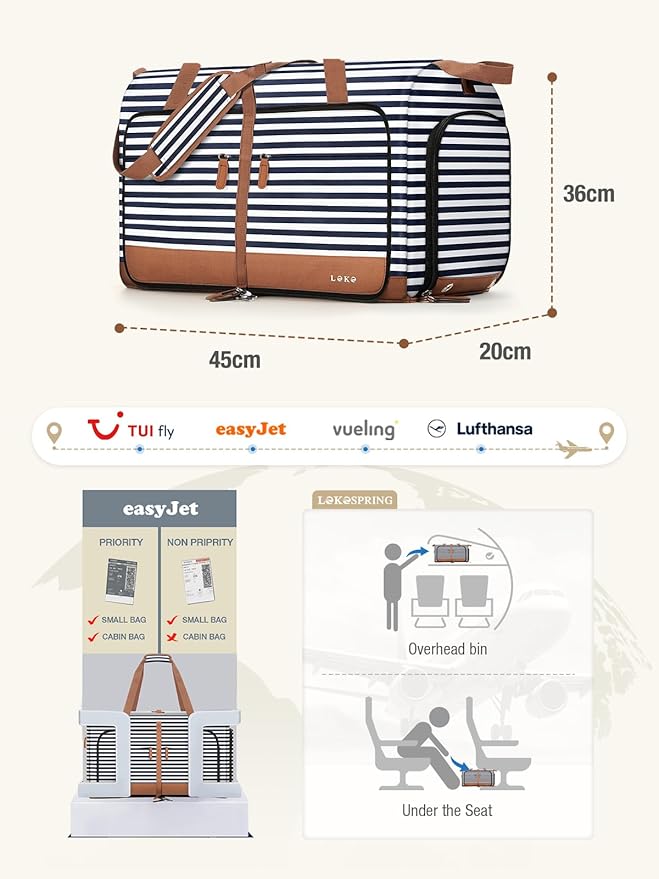 Lekesky Foldable Travel Duffle Bag for Women, Large Duffel Bag with Separate Shoes Compartments & Straps, Carry On Weekend Bag for Women, Hospital, Overnight (Blue Stripe, 30L) - Image 2