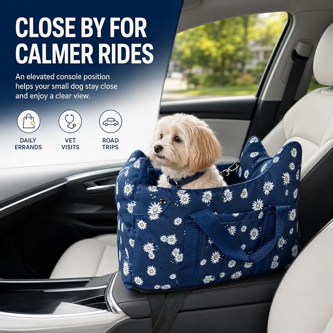 Center Console Dog Car Seat Safe Travel for Small Dogs Under 15 lbs | Detachable Washable Pet Carrier with Storage Pockets & Safety Leash,Navy Blue - Image 2