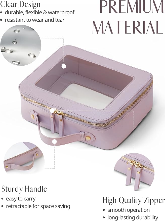 Clear Toiletry Bag 2 Pack, Travel Makeup Bag Medium & Large Purple | Structured Clear Cosmetic Case with Zipper, Car Essential Organizer Bag for Women, Waterproof PU Leather, Wide Open Portable - Image 4