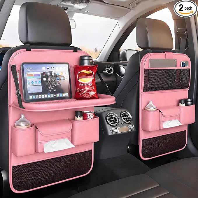 2 Pack Leather Car Backseat Organizer with Foldable Table Tray, Universal Car Seat Back Protector Kick Mat with Touchscreen Tablet Holder, Storage Pockets, Cup Holders & Tissue Holder, Pink by QIANKUNCaraccessories