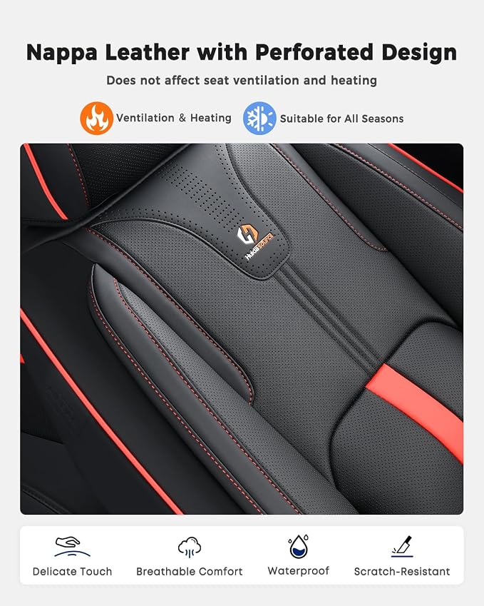 Huidasource Rear seat Cover Luxury Nappa Leather, Back seat Cover with Velcro Adjustable, Ventilation Holes, Seat Belts, Child Seats, Car Cover Seat Universal Fit for Most Cars SUV Trucks, Black＆Red - Image 5