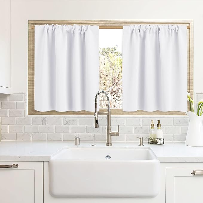 RYB HOME Cafe Curtains 24 inch Length, Mini RV Curtains for Camper Windows | Temperature Regulating, Light UV Blocking, Privacy Protection, Short Small Half Window Tiers, W42 x L24, Pure White, 2 Panels by RYBHOME
