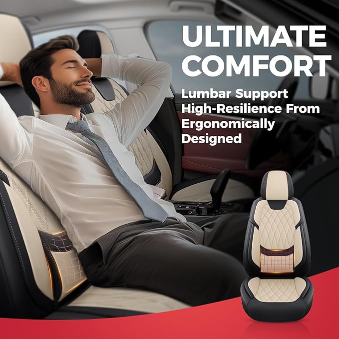 FREESOO Car Seat Covers Full Set Faux Leather Universal Fit Black Beige | faux nappa leather seat covers, waterproof breathable, full set lumbar support, front rear covers, fit sedans suvs pickups - Image 6