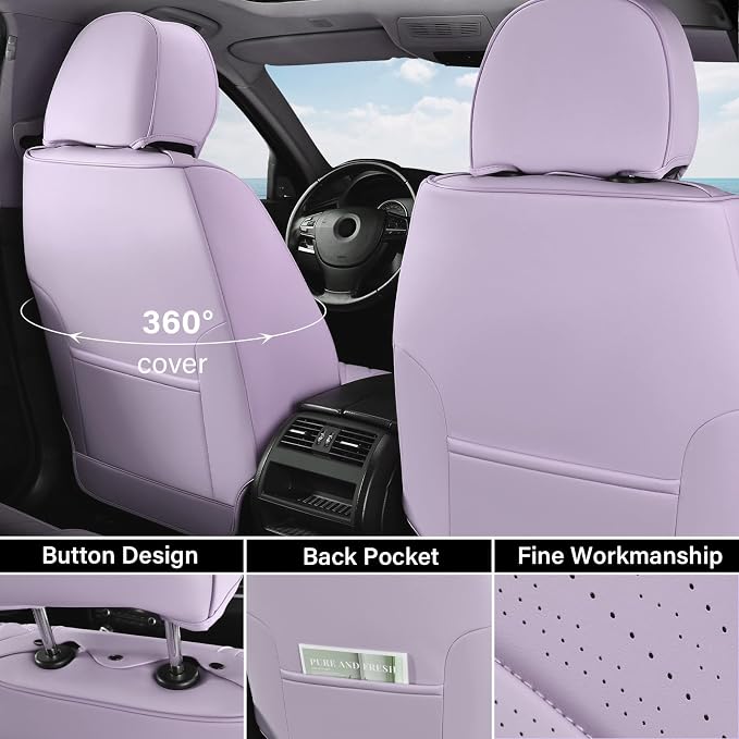 Coverado Seat Covers Full Set, Purple Car Seat Covers, Waterproof Car Seat Cover with Lumbar Support, Leather Car Seat Cushion Protector, Car Seat Covers Universal Fit Most Cars - Image 4