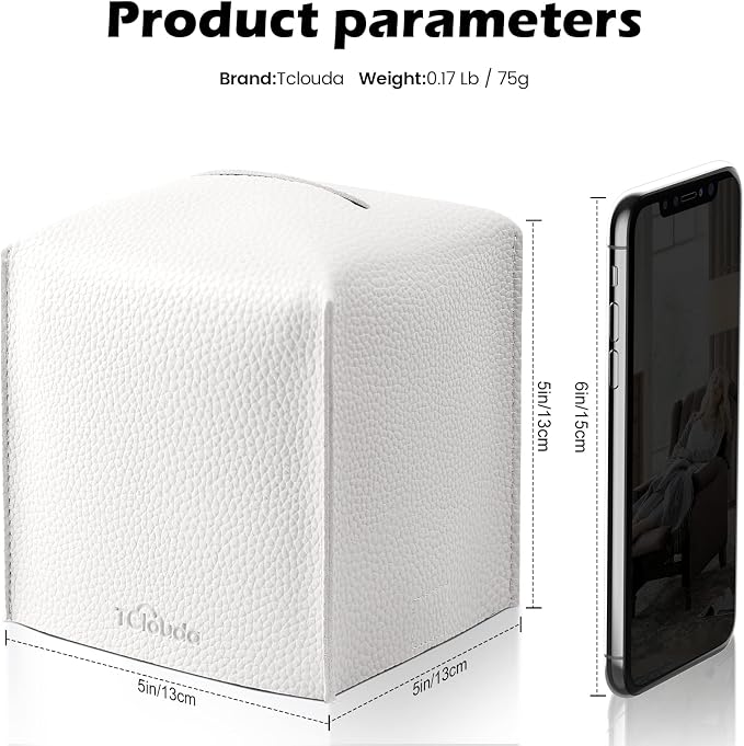 Tissue Box Cover, Tclouda, Modern PU Leather Square Tissue Box Holder for Creative Decorative, Ideal for Bathrooms/Office/Car/Nightstand/Outdoor Tent/Dining Table, 5"X5"X5", Single White - Image 2