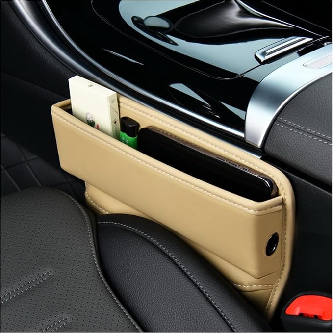 Ziciner Car Seat Gap Organizer, Premium Leather Auto Seat Storage Box, Vehicle Adjustable Front Seat Gap Filler, Car Seat Side Pocket Organizer for Phones, Glasses, Keys, Money, Cards (Beige) by Ziciner