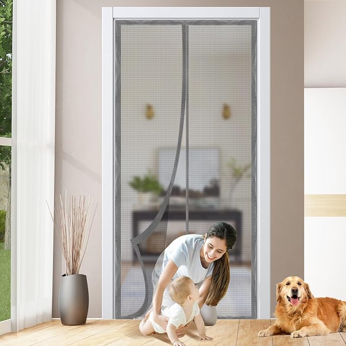 Magnetic Door Screen, Durable Reinforced Anti-Tear Mesh Self-Closing Curtain, Heavy Duty Screen Door with Full Frame Hook & Loop, Fit Door Size 36 x 82 Inch (Silver) by Sunmoxia