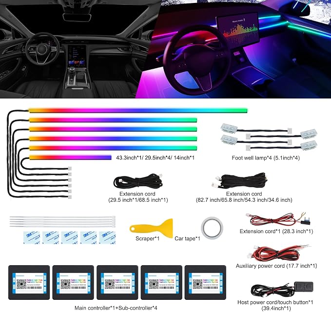 Acrylic Interior Car LED Strip Light with Wireless APP, Dreamcolor RGB 10 in 1 with 175 inches 600 LEDs Fiber Optic Car Ambient Lighting Kits, Dual Zone Sound Active Function LED Strip for Car - Image 2
