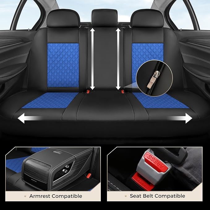 Coverado Seat Covers Full Set, Luxury Diamond Leather Car Seat Cover with Carbon Fiber Textured Design, Waterproof Car Seat Protector, Black&Blue Front and Rear Seat Covers Universal Fit Most Cars - Image 4
