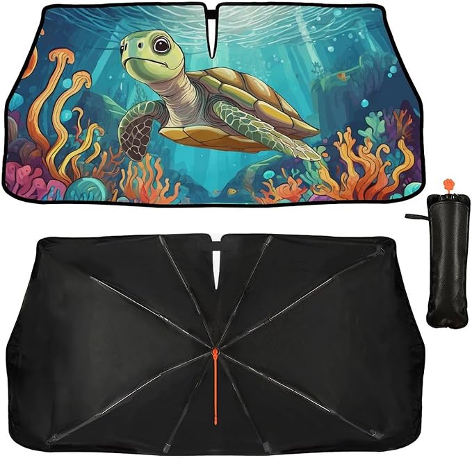 Turtle Car Windshield Sun Shade Umbrella Bendable Handle Foldable Funny Sunshade for Car Windshield Block UV Rays Keep Vehicle Cool for Most Sedans SUV Trucks Cars 57"x30" - Image 3