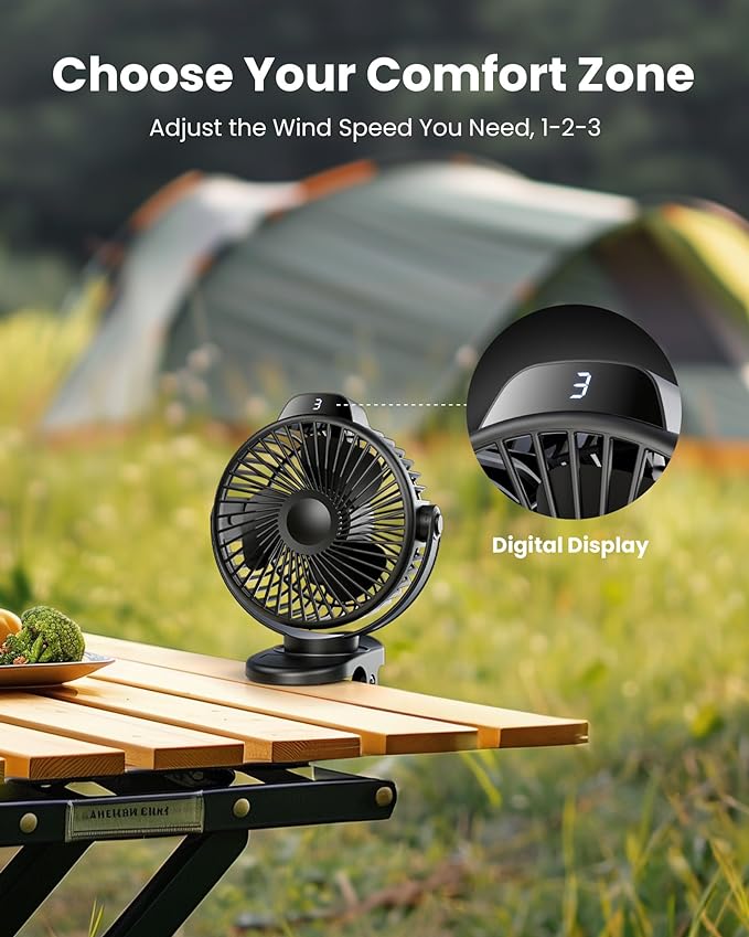 Koonie Portable Clip On Fan, Small Rechargeable Battery Operated, 3 Speeds | Mini Clamp Fan With LED Display, 360° Rotate Personal Cooling Desk Fan for Stroller Bed Travel Camping Golf Gym - Image 3