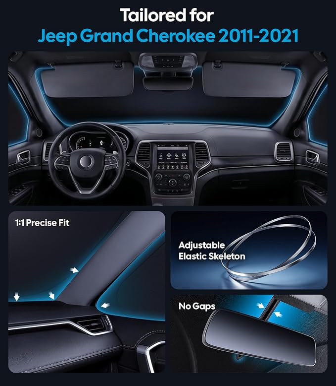 Wigoo 2026 8PC Full Set Window Sunshade for Jeep Grand Cherokee 2011-2021 | 7-Layer Cooler & Blacker, Ice-Crystal Tech, Full Set Shades With Windshield for Sun Block, Camping Accessories - Image 5