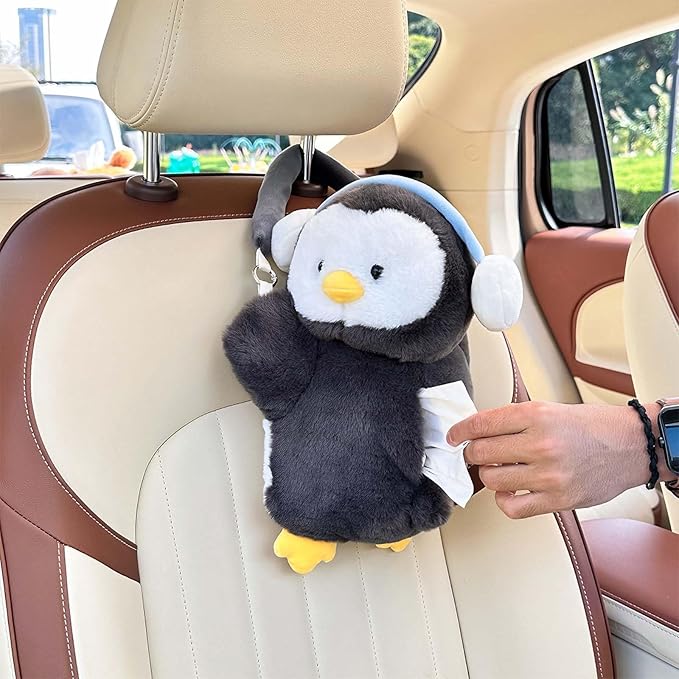 Tissue Box Cover Plush Tissue Box Holder for Car, Home, Decorative Holder/Organizer for Bathroom Vanity Countertop, Nightstands, Office Desk-Penguin - Image 5