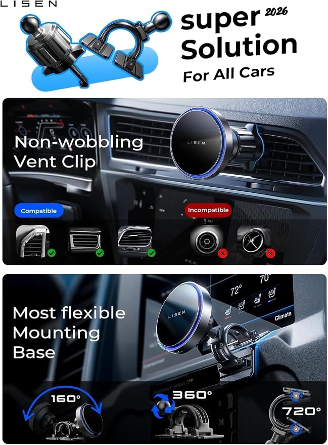 LISEN 15W MagSafe Car Mount Charger, Magnetic Phone Holders for Your Car | [Dual Mounting Type for 99% Vehicles] Magsafe Car Mount,15W Magnetic Wireless Car Charger Car Accessories for iPhone 17-12 - Image 8
