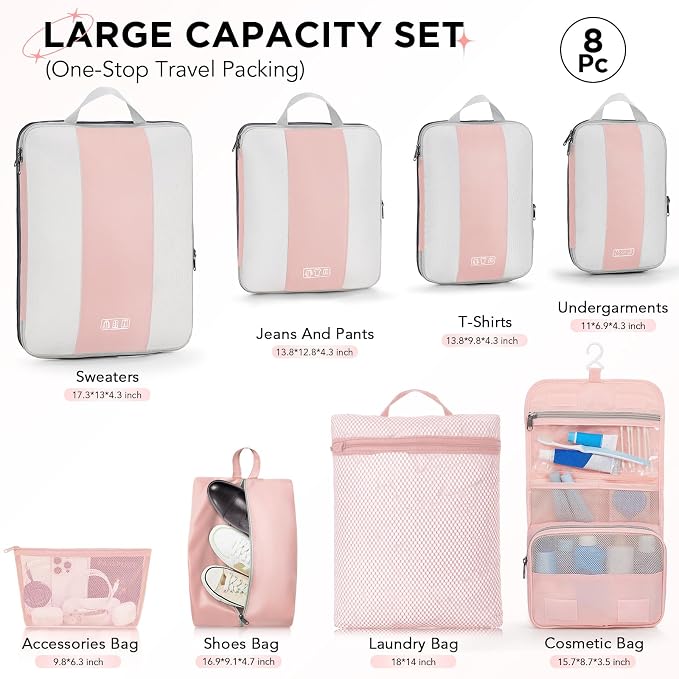 OlarHike 8 Set Compression Packing Cubes for Travel Essentials,Compressible Expandable Space Saver Bags for Organizing Clothes,Luggage Suitcase Garment Bags with Over 1000 pcs Mesh Holes(Pink) - Image 2