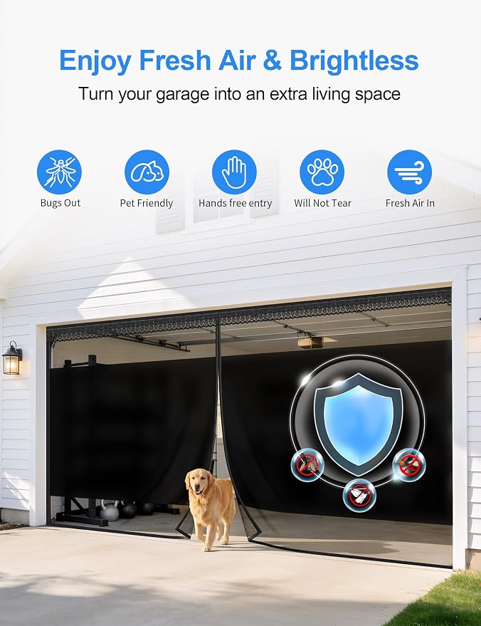 Privacy Garage Door Screen for Single Car Garage 8x7ft - Retractable Slide Track System, Heavy Duty PET Mesh with Blackout Privacy Panel, Magnetic Closure, Keeps Bugs Out, Fits Garage Opening 8 x 7 Ft - Image 4