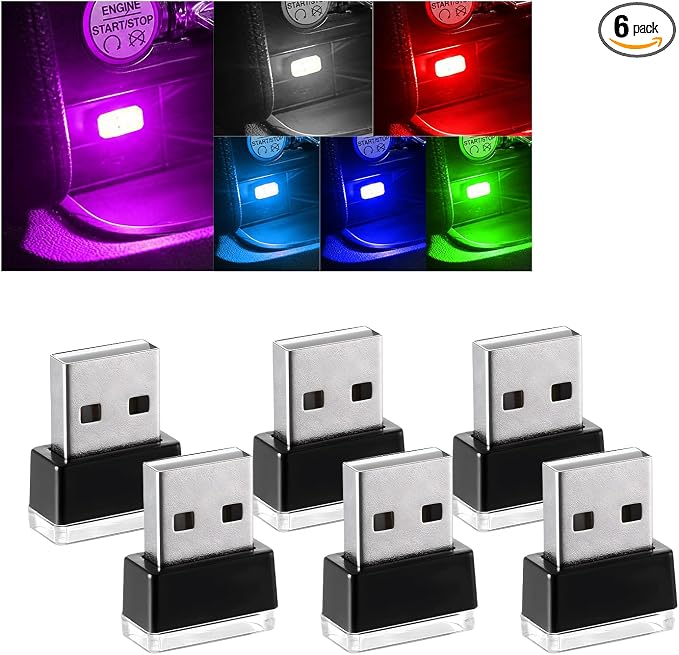 Augeny 6 PCS USB LED Car Interior Atmosphere Lamp, Plug-in USB Decor Night Light, Portable Auto Ambient Lighting Kit, Universal Vehicle Interior Accessories for Most Cars (6 Colors) by Augeny