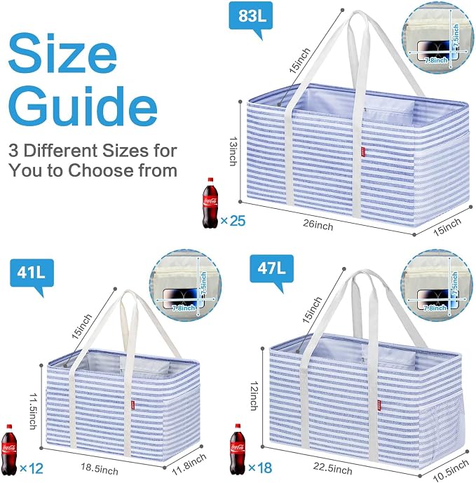 LHZK Standing Extra Large Utility Tote Bag with Metal Wire Frame and the Sides Rinforced, Extra Large Tote Bag with Handle, Reusable Grocery Bags Foldable, Beach Bag, Car Tote (Blue, 26''x15''x13'') - Image 5