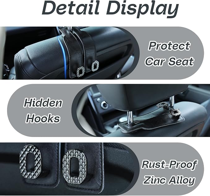 Car Headrest Hooks Universal Car Purse Hook Premium Leather and Alloy Twin Hook Car Seat Back Storage Hanger Hook for Purse Bags Cloth Drink Durable Holder Car Accessories (BH09-Black-Black-4 Pcs) - Image 5