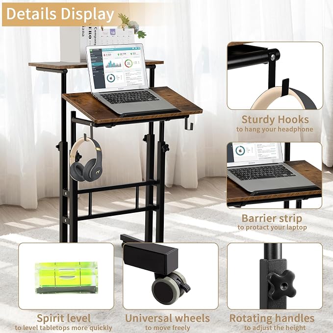 SIDUCAL Mobile Standing Desk, Portable Stand Up Desk, Small Adjustable Converter with Wheels Home Office Workstation, Rolling Laptop Cart for Sitting, Rustic Brown - Image 5