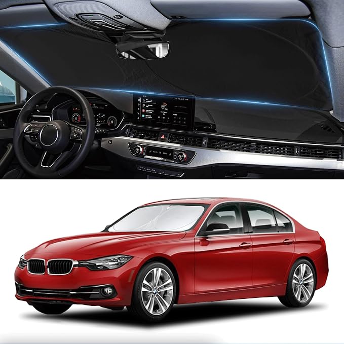 Windshield Sun Shade for BMW 3 Series Sedan & M3 (F30/F80) 2013-2018 | Custom Fits 320i 328i 330i 335i 340i M3 Front Window Sunshade Sun Visor Foldable Protector Blocks UV Rays by BOODANCARS