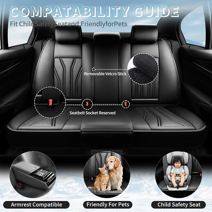 Fit Corolla Premium Leather Car Seat Covers for Toyota Corolla 2000-2025 2026 - Waterproof，Breathable，All-Weather Seat Cushion Protecto & Airbag Compatible, Full Set All Black - Image 3
