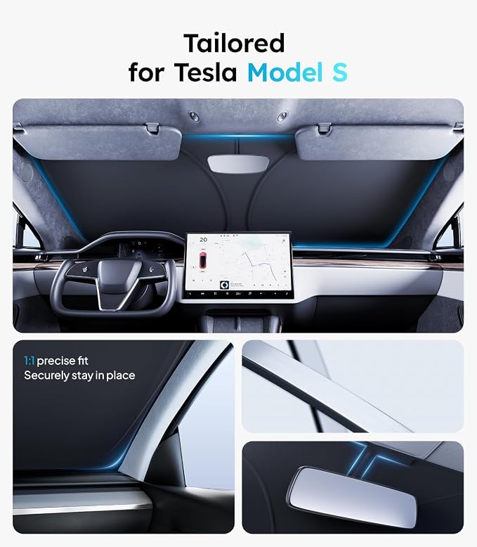 Wigoo for Tesla Model S Windshield Sunshade, Keeps Cool, OEM Design | Custom Fit, Cooling Tech Fabric, Foldable Heat-Blocking Sunshade with Storage Bag, for Tesla Model S 2016-2026 - Image 4