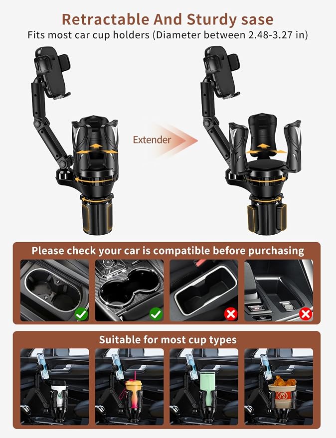 Phone Holders for Your Car, 2 in 1 Adjustable Stable Car Cup Phone Holder | Secure Hold, Multi-Scenario Use for Drivers, Commuters & Road Trips, Universal Fit for Up to 5.31'' Drinks/Mugs/Foods - Image 3
