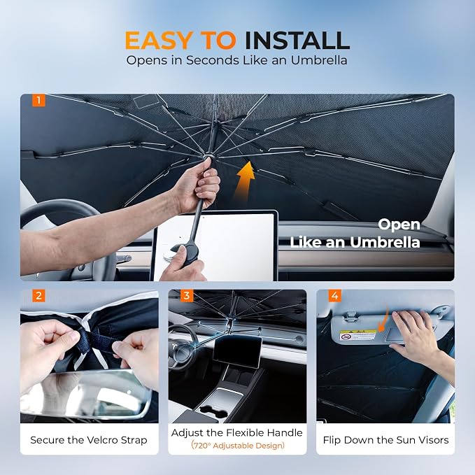 [2026 Upgraded] DooGooCoo Windshield Sun Shade Umbrella for Toyota Highlander 2020-2025 2026 [100% Sunlight Blocked, Cooling Ice Crystal] Sunshade for Car Windshield for Highlander Sun Shade. - Image 8