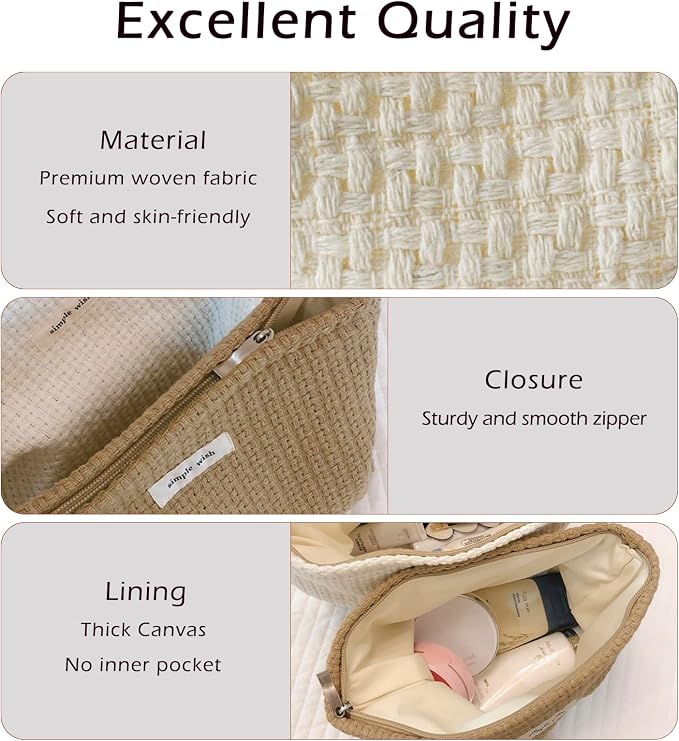 RSRSLEII Woven Travel Makeup Bag, Cute Travel Toiletry Bag(07White Weaving | Aesthetic Portable Cosmetic Bag with Canvas Lining, Coquette Makeup Pouch, Skincare Bag Car Storage Bag for Women and Girls - Image 3