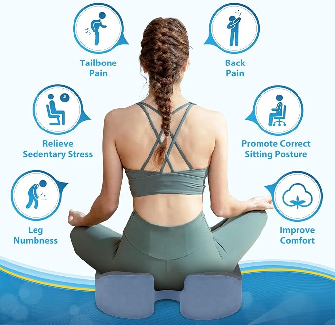 BlissTrends Thick Seat Cushion for Office Chair & Car Seat, XL, Grey&Blue | Memory Foam with Removable Cover, Ergonomic Tailbone & Sciatica Support for Pressure Relief and Long Sitting, 3.9" Thick - Image 2
