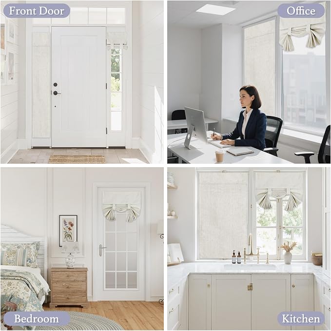 RYB HOME Natural Linen Textured French Door Window Curtains 100% Blackout | Self Adhesive, Thermal Insulated Privacy Energy Saving, Shades for Nursery Office Patio Glass Door, W34 x L80, 1 Panel - Image 9